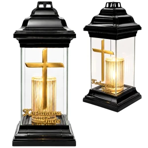 Znicz LED na Grób Kochanemu Tacie Lampion Krzyż Złoty na Dzień Ojca