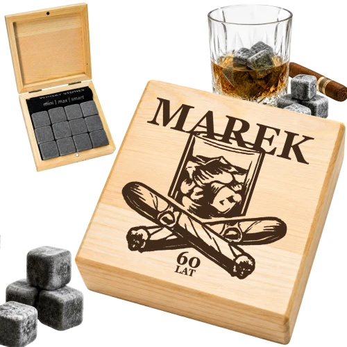 KAMIENIE DO WHISKY KAMIENNE KOSTKI GRANIT w drewnianym pudełku z grawerem