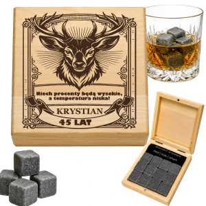KAMIENIE DO WHISKY KAMIENNE KOSTKI GRANIT w drewnianym pudełku z grawerem