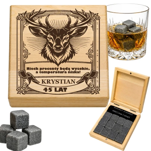 KAMIENIE DO WHISKY KAMIENNE KOSTKI GRANIT w drewnianym pudełku z grawerem
