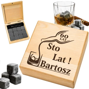 KAMIENIE DO WHISKY KAMIENNE KOSTKI GRANIT w drewnianym pudełku z grawerem