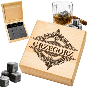 KAMIENIE DO WHISKY KAMIENNE KOSTKI GRANIT w drewnianym pudełku z grawerem