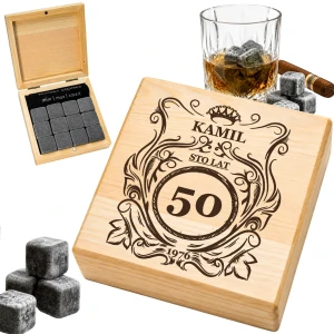 KAMIENIE DO WHISKY KAMIENNE KOSTKI GRANIT w drewnianym pudełku z grawerem