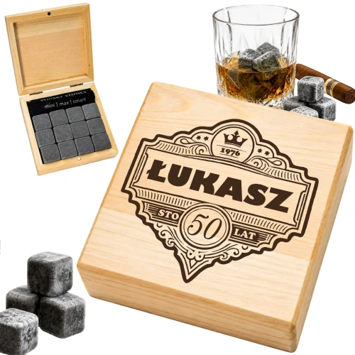 KAMIENIE DO WHISKY KAMIENNE KOSTKI GRANIT w drewnianym pudełku z grawerem
