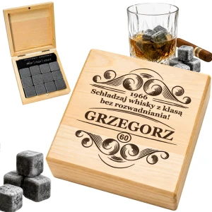 KAMIENIE DO WHISKY KAMIENNE KOSTKI GRANIT w drewnianym pudełku z grawerem