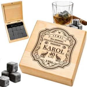 KAMIENIE DO WHISKY KAMIENNE KOSTKI GRANIT w drewnianym pudełku z grawerem