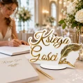 Napis KSIĘGA GOŚCI biało-złoty lustrzany 38x26 na wesele ślub dekoracja