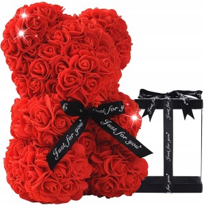 MIŚ Z RÓŻ 40 CM ROSE BEAR Z PŁATKÓW RÓŻ KOKARDA PUDEŁKO NA PREZENT CZERWONY