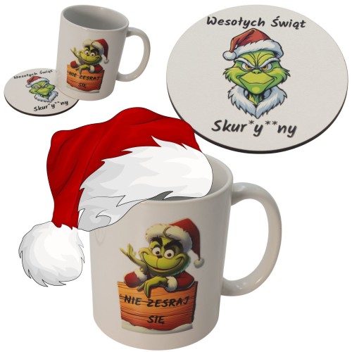 Zestaw Kubek i Podkładka pod kubek GRINCH zestaw świąteczny na stół białe