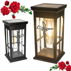 ZNICZ Solarny z Krzyżem  LAMPION LED LAMPA NA GRÓB STATUETKA Żarówka Nowoczesny