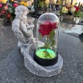 ZNICZ GIPSOWA FIGURKA NAGROBNA SZARY Anioł Księga Lampka LED RÓŻA GIPS