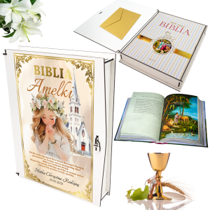 BIBLIA W PUDEŁKU Pamiątka Pierwszej Komunii Świętej PREZENT NA KOMUNIĘ