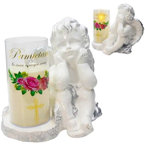 ZNICZ GIPSOWA FIGURKA NAGROBNA Srebrny Anioł Aniołek Gipsowy LAMPA LED