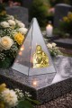 ZNICZ LED efekt płomienia LAMPION na GRÓB cmentarz SZKLANY  ZŁOTY JEZUS